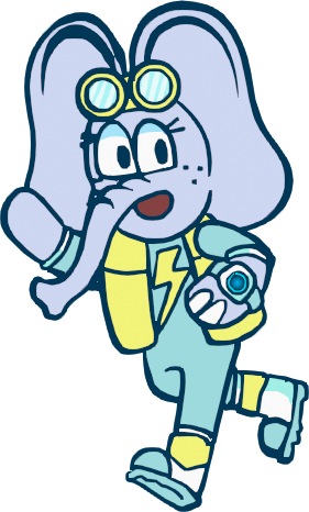 Ava, a young elephant in a mint tracksuit and racing goggles, running with a money-band on her wrist